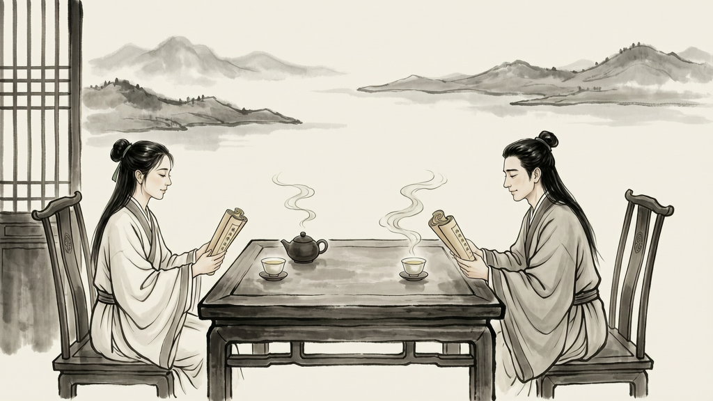 两人静坐茶桌诵读 水墨禅意