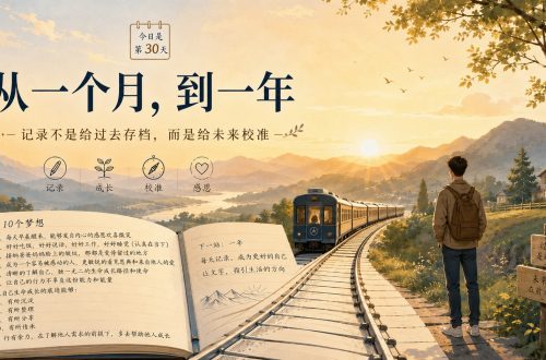一条延伸向远方的时光轨迹线，温暖水彩风格