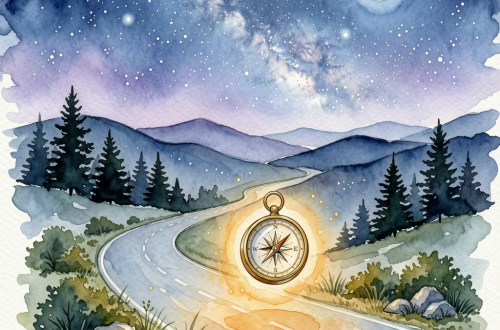 watercolor style starry road with compass