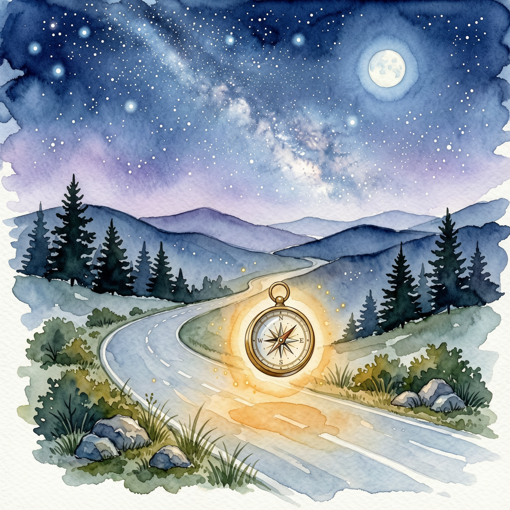 watercolor style starry road with compass